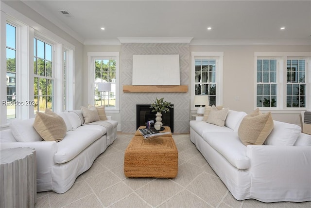 living room featuring crown molding and a fireplace