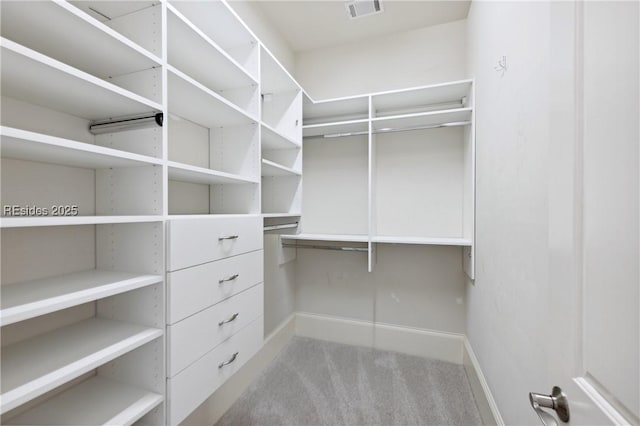 walk in closet featuring light colored carpet