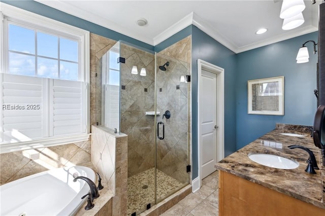 bathroom with vanity, tile patterned floors, ornamental molding, and independent shower and bath