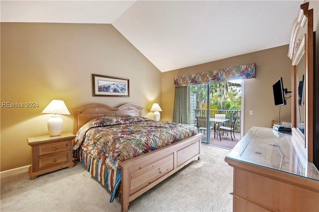 bedroom featuring light carpet, access to outside, and vaulted ceiling