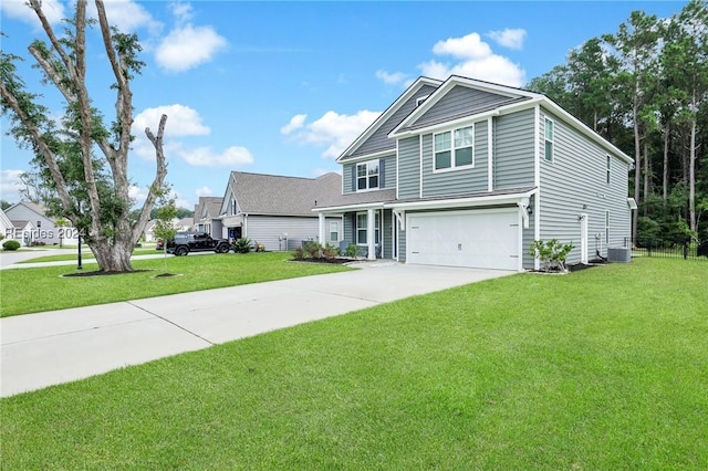 view of front facade with a garage, a front lawn, and central air condition unit