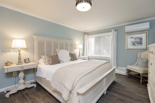 bedroom featuring dark hardwood / wood-style flooring, a wall mounted air conditioner, and ornamental molding