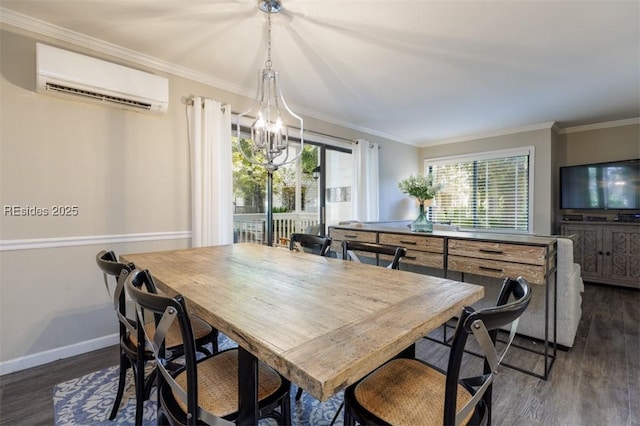 dining space featuring dark wood-type flooring, ornamental molding, an AC wall unit, and a chandelier