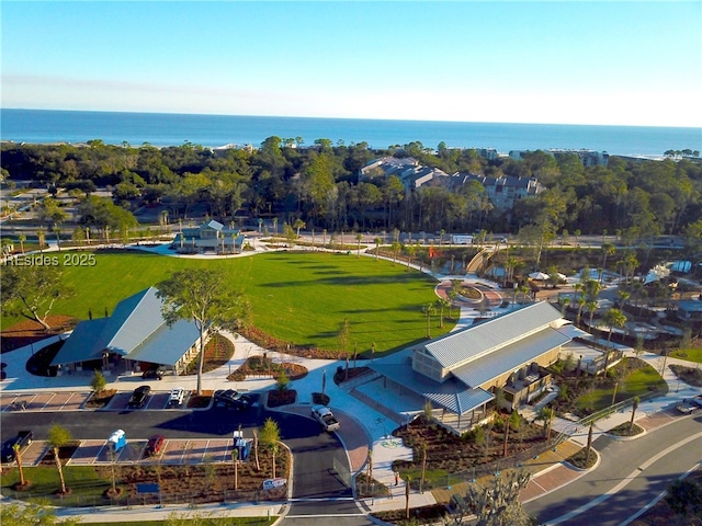 drone / aerial view with a water view