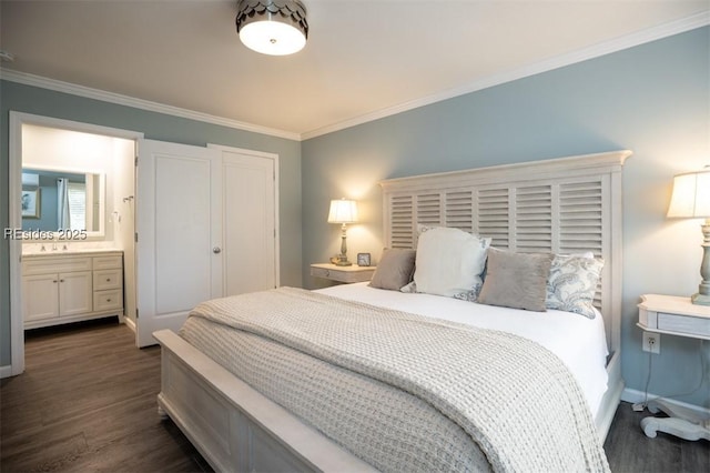 bedroom with dark hardwood / wood-style flooring, crown molding, and ensuite bathroom