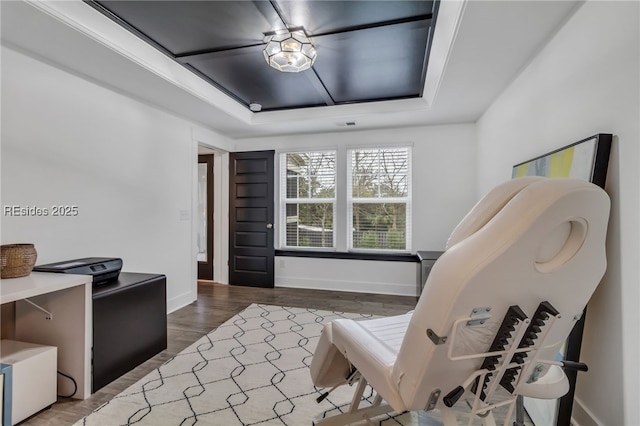 home office featuring a raised ceiling and dark hardwood / wood-style floors