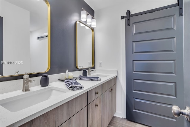 bathroom with vanity and hardwood / wood-style floors