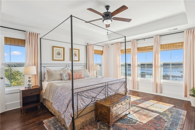 bedroom with multiple windows, dark hardwood / wood-style floors, and ceiling fan