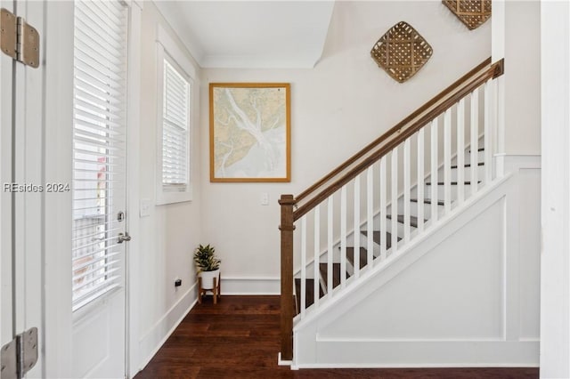 entrance foyer featuring ornamental molding and dark wood-type flooring