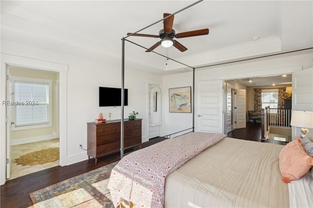 bedroom with a raised ceiling, dark hardwood / wood-style flooring, and ceiling fan