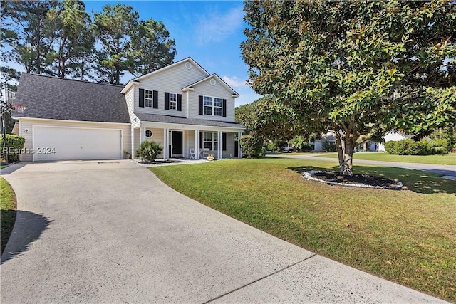 front facade with a garage, a porch, and a front yard