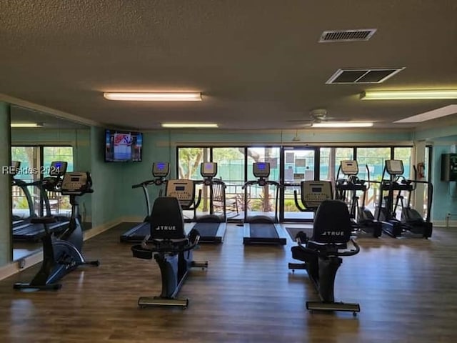 workout area with dark wood-type flooring, plenty of natural light, and a textured ceiling