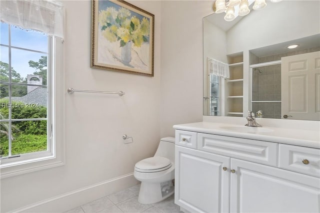 bathroom featuring walk in shower, plenty of natural light, toilet, and tile patterned flooring