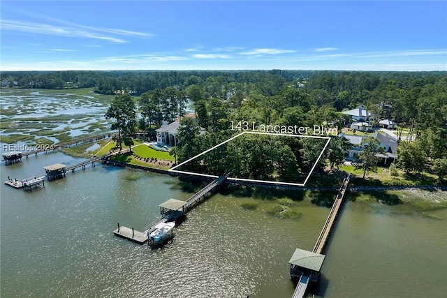 aerial view featuring a water view