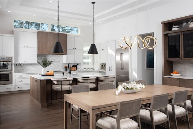 dining area with dark hardwood / wood-style flooring, sink, a tray ceiling, and a towering ceiling