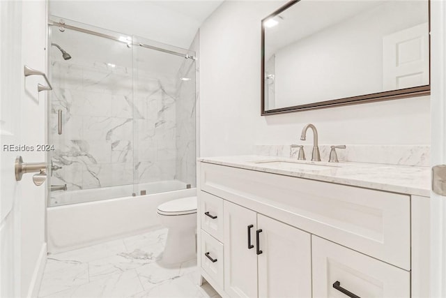 full bathroom with tiled shower / bath combo, vanity, and toilet