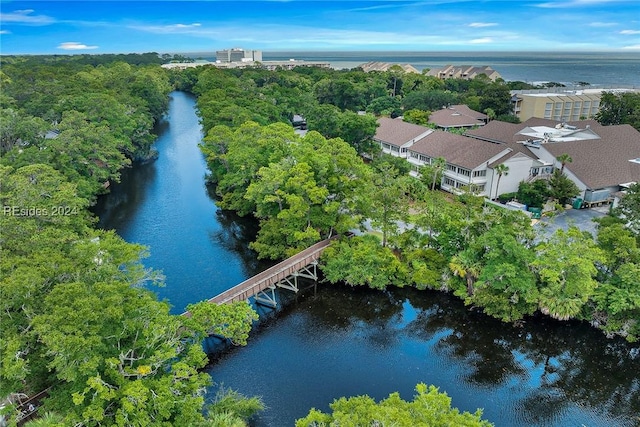 birds eye view of property featuring a water view