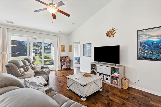 living room with high vaulted ceiling, dark hardwood / wood-style floors, and ceiling fan