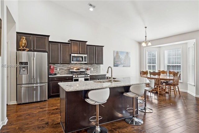 kitchen featuring hanging light fixtures, an island with sink, appliances with stainless steel finishes, and sink