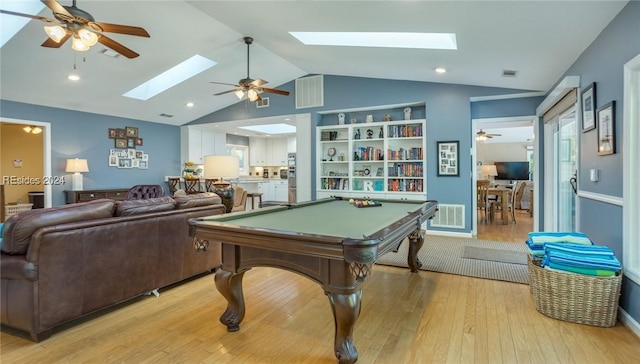 playroom featuring ceiling fan, lofted ceiling, light hardwood / wood-style floors, and built in features