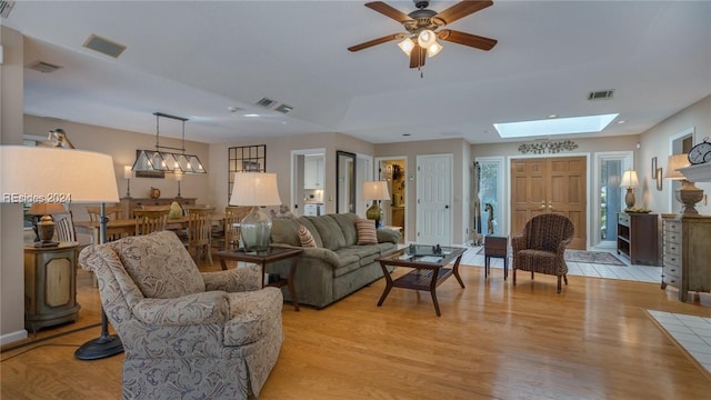 living room with ceiling fan, a skylight, and light hardwood / wood-style flooring