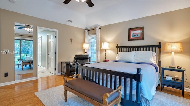 bedroom featuring ceiling fan and light wood-type flooring