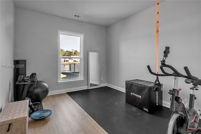 exercise area featuring dark hardwood / wood-style flooring