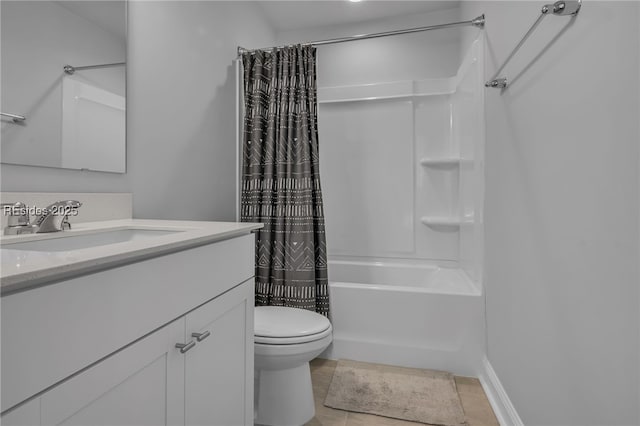 full bathroom featuring shower / bath combination with curtain, vanity, toilet, and tile patterned flooring