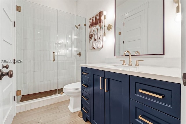 bathroom with vanity, an enclosed shower, and toilet