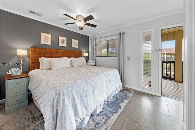 bedroom with crown molding, ceiling fan, access to exterior, and multiple windows