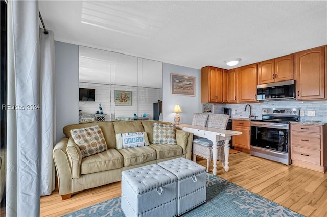 kitchen with stainless steel appliances, sink, light hardwood / wood-style floors, and decorative backsplash