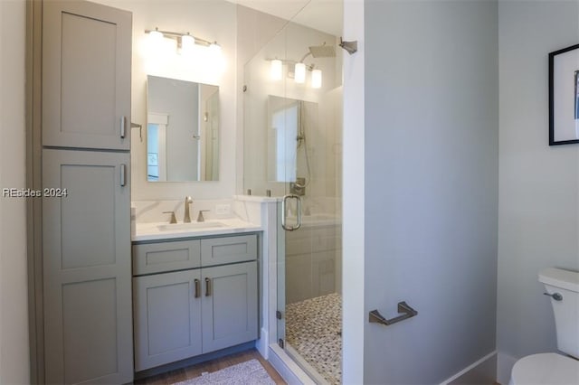 bathroom featuring an enclosed shower, vanity, and toilet