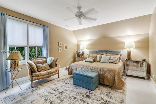 bedroom with lofted ceiling and ceiling fan