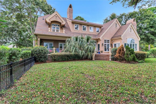 view of front of house with a front yard, french doors, and a balcony