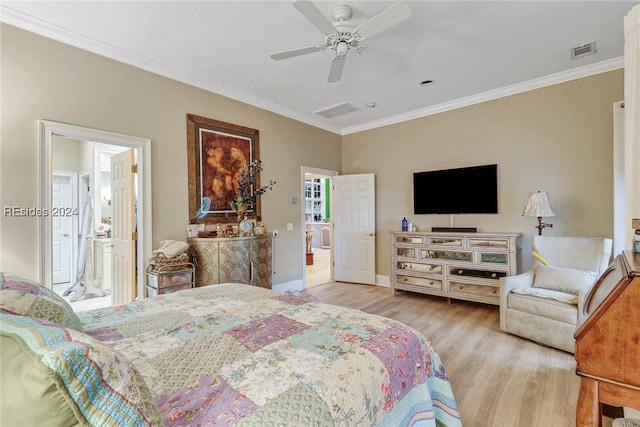 bedroom with connected bathroom, crown molding, light hardwood / wood-style floors, and ceiling fan