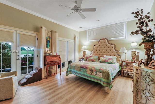 bedroom with ceiling fan, ornamental molding, access to exterior, and light wood-type flooring