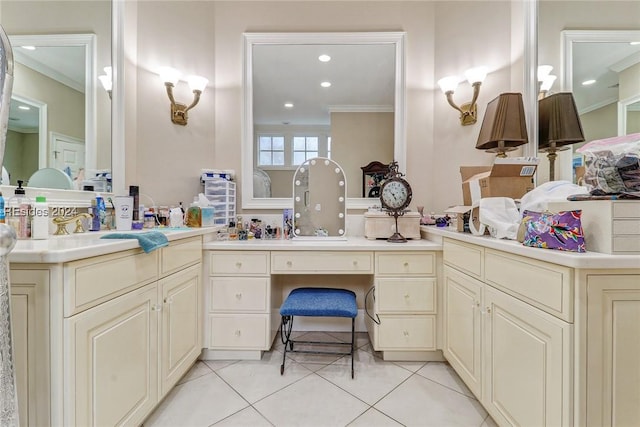 bathroom with vanity, tile patterned floors, and ornamental molding