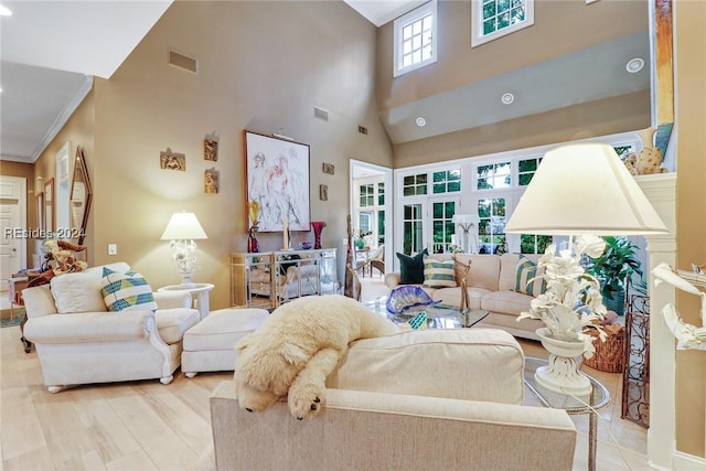 living room featuring a high ceiling and crown molding