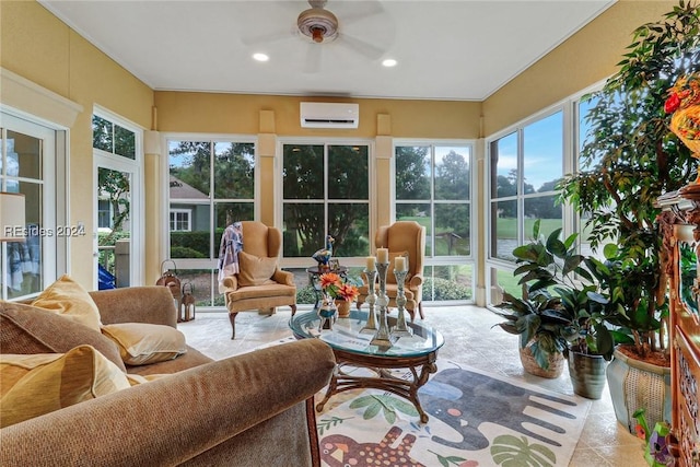 sunroom featuring a healthy amount of sunlight, a wall mounted AC, and ceiling fan