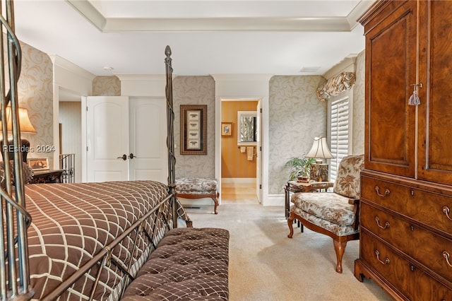 bedroom featuring light colored carpet