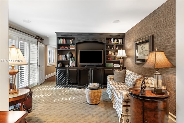 carpeted living room with built in shelves