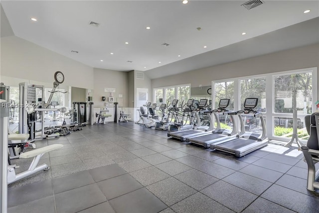 exercise room featuring high vaulted ceiling