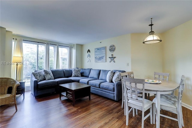 living room with dark hardwood / wood-style flooring