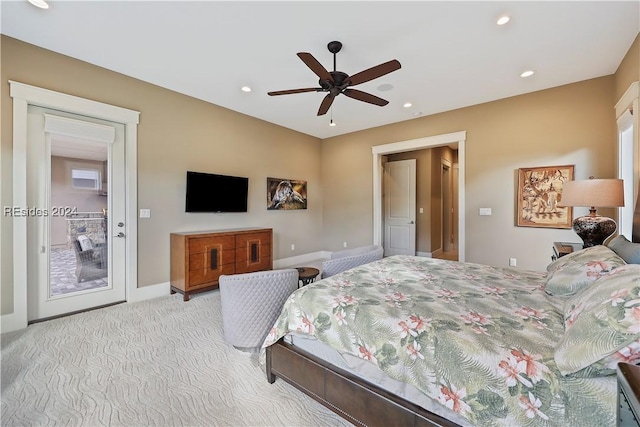 bedroom with light colored carpet and ceiling fan