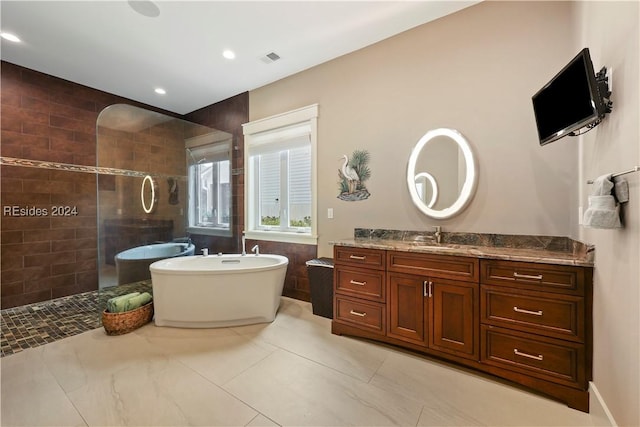 bathroom featuring vanity and separate shower and tub