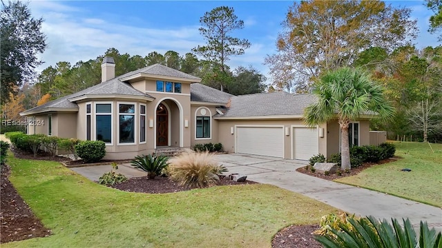 view of front of house with a garage and a front lawn