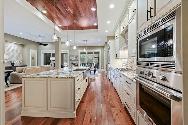 kitchen with tasteful backsplash, hanging light fixtures, a tray ceiling, an island with sink, and stainless steel appliances