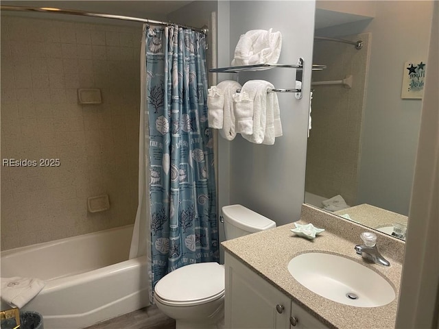 full bathroom with shower / bathtub combination with curtain, vanity, hardwood / wood-style flooring, and toilet