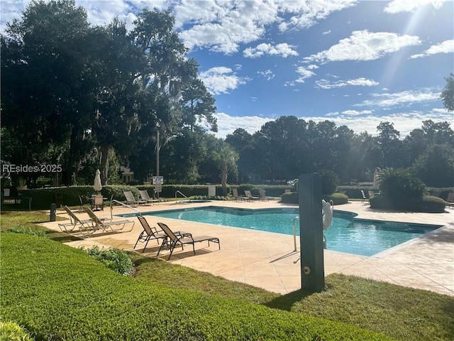 view of swimming pool with a yard and a patio