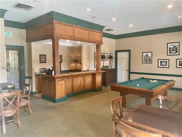 rec room featuring crown molding, pool table, carpet floors, and ornate columns